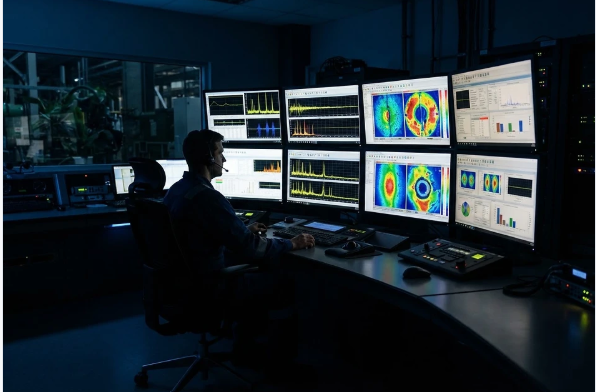 NDTARC analyst reviewing multi-screen NDT signal data in a monitoring control room